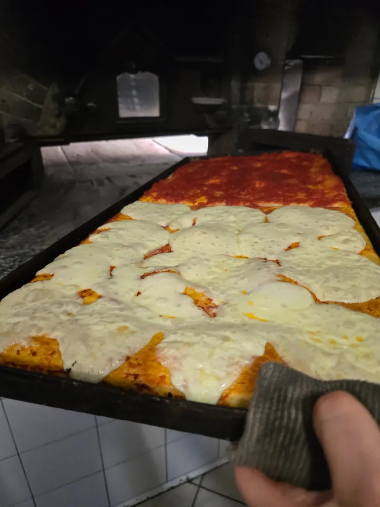 Pizza in teglia appena sfornata con pomodoro e mozzarella